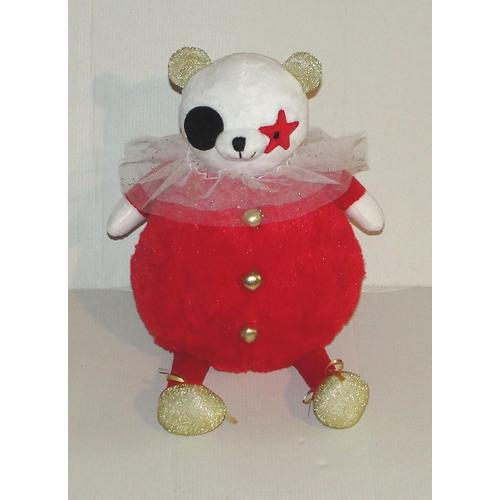 Doudou Ours Boule Rouge Jja - Peluche Ourson Col En Tule Bouton Dorés 36 Cm