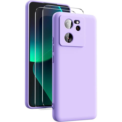 Coque Pour Xiaomi 13t/Xiaomi 13t Pro, Avec 2 Pièces Protecteur D'écran En Verre Trempé, Housse Silicone Souple Ultra-Mince De Couleur Pure, Coque En Caoutchouc Antichoc - Helles Lila