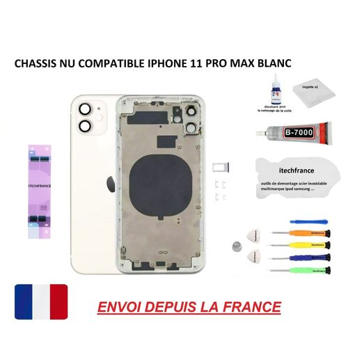 Châssis Arrière Nu Compatible Iphone 11 Pro Max Blanc, Itechfrance®, Qualité Origine, Vitre Arrière, Kit Outil, Lame De Démontage, Dissolvant, Colle B7000 Stickers Batterie , Tiroir Sim.