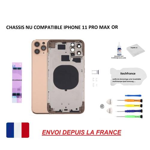 Châssis Arrière Nu Compatible Iphone 11 Pro Max Or, Itechfrance®, Qualité Origine, Vitre Arrière,  Kit Outil, Lame, Dissolvant, Stickers Batterie, Tiroir Sim.