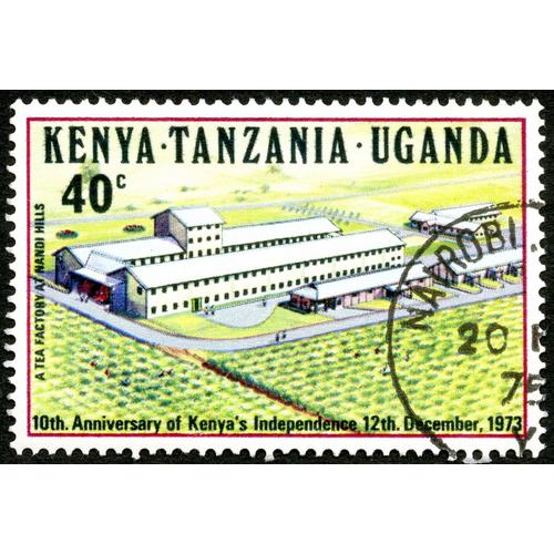 Timbre Oblitéré Kenya - Tanzania - Uganda, 10th. Anniversary Of Kenya's Independence 12th December, 1973, A Tea Factory At Nandi Hills, 40 C