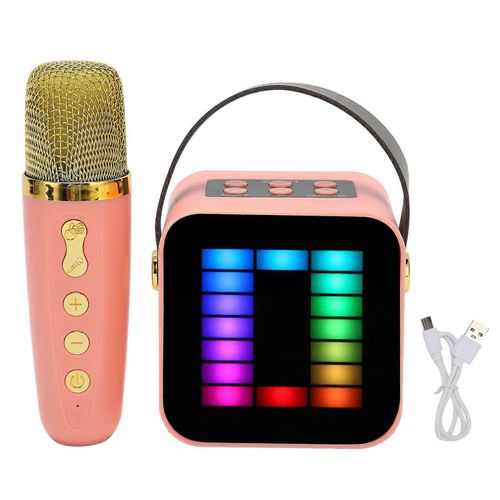 Mini Karaoke Machine Set RGB Pickup Light Digital Processing Chip Handheld Portable Bluetooth Speaker with Microphone Pink