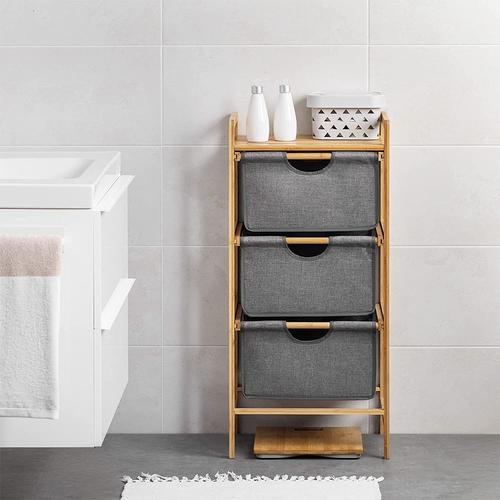 Meuble De Rangement En Bambou, Armoire De Salle De Bain Avec 3 Tiroirs En Tissu, Nordique Decor Maison, 44x 33x 96cm, Gris.