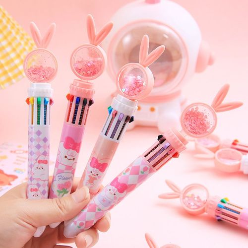 Stylo À Bille Épais Lapin Rose 10 Couleurs, Mignon Kawaii, Fournitures Scolaires Et De Bureau, Papeterie Cadeau