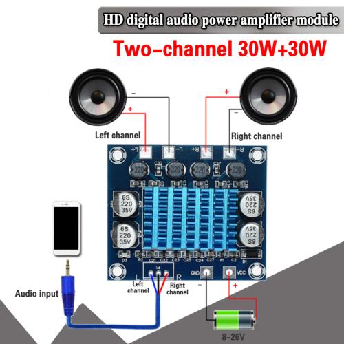 Carte d'amplification HD Snr, Module d'amplification Mp3, double canal, puissance 30W + 30W, entrée DC8V-26V, Protection contre les surtensions