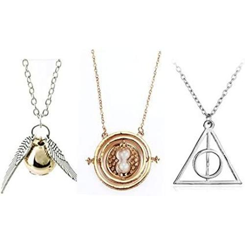 Ensemble De 3 Colliers Inspirés Time Turner La Mort Relique Golden Snitch Collier Pour Kids Collection De Cadeaux Ou Décorations Magique Cosplay Costume