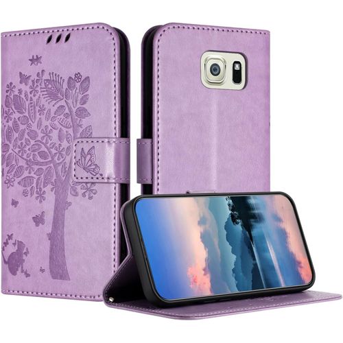 Coque Pour Samsung Galaxy S6 Edge Plus / S6 Edge+, Coque Portefeuille Housse Cuir Avec Porte Cartes Et Bequille Fermeture Magnetique Etui Pour Samsung S6 Edge Plus - Violet Clair