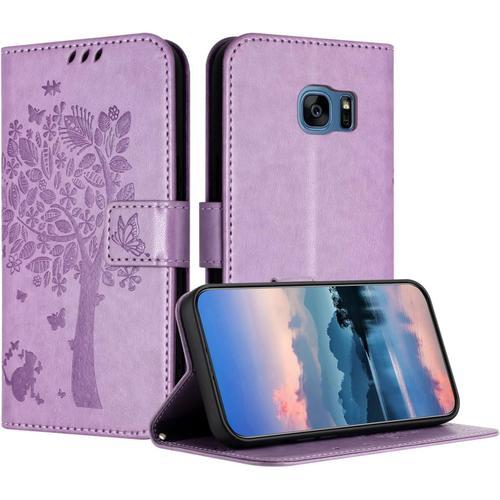 Coque Pour Samsung Galaxy S7, Coque Portefeuille Housse Cuir Avec Porte Cartes Et Bequille Fermeture Magnetique Etui Pour Samsung S7 - Violet Clair