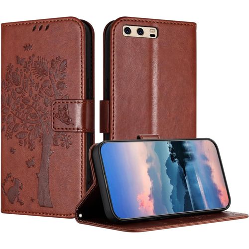 Coque Pour Huawei P10 Plus, Coque Portefeuille Housse Cuir Avec Porte Cartes Et Bequille Fermeture Magnetique Etui Pour Huawei P10 Plus - Marron