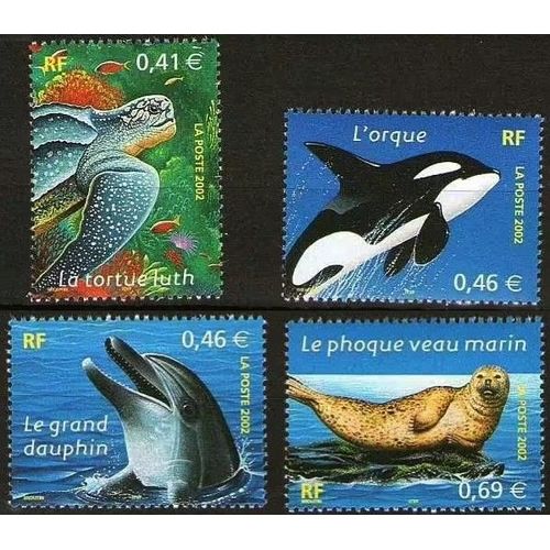 France 2002, Très Belle Série Neuve** Luxe Nature Sauvage, Animaux Maris, Timbres Yvert 3485 Tortue Luth, 3486 Grand Dauphin, 3487 Orque, 3488 Phoque Veau Marin.