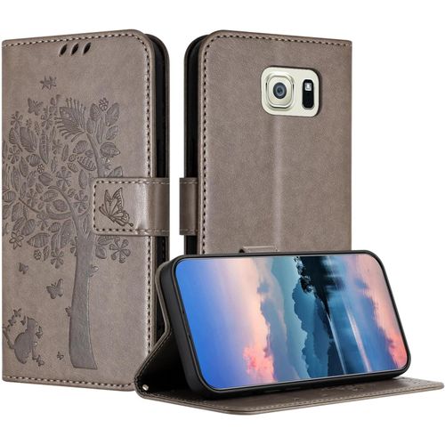 Coque Pour Samsung Galaxy S6 Edge Plus / S6 Edge+, Coque Portefeuille Housse Cuir Avec Porte Cartes Et Bequille Fermeture Magnetique Etui Pour Samsung S6 Edge Plus - Gris
