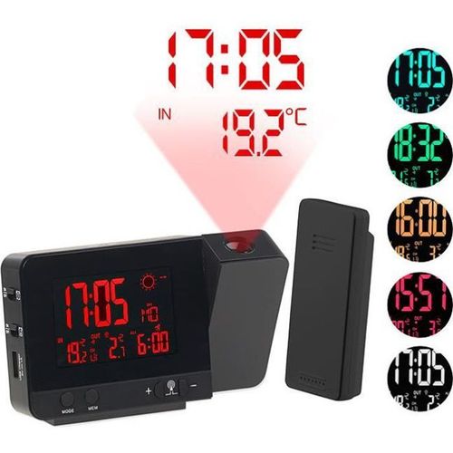 Réveil à projection et station météo sans fil 2 en 1 - Noir