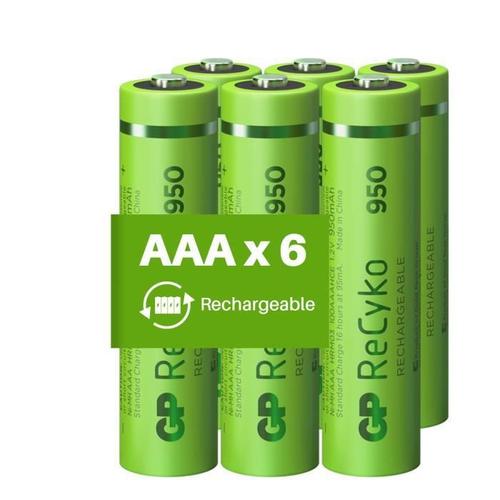 Piles Rechargeables AAA - Lot de 6 Piles | GP Recyko | Batteries AAA LR3 Rechargeables 950 mAh NiMH | Pré-Chargées et Haute capacité