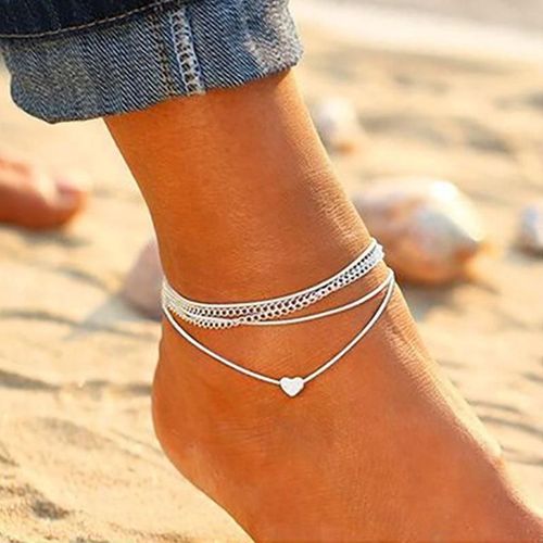 Bracelet De Cheville Coeur 4 Couches En Alliage De Zinc Argent - Bijoux De Plage