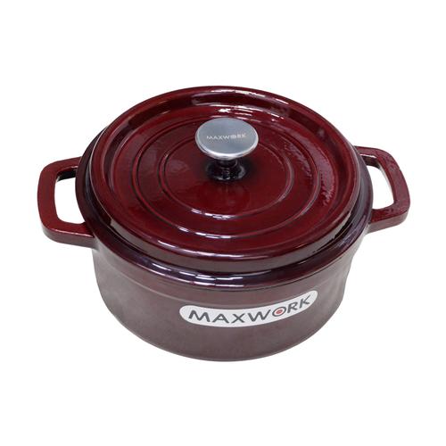 Maxwork Cocotte Fonte Rond Émaillée Ø24, Émail Intérieur De Haute Qualité, Pot Antiadhésif, Facile À Nettoyer, Rouge Marron