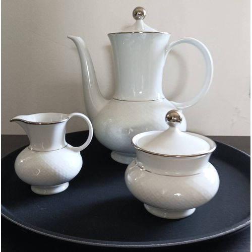 Service À Thé Où Café Vintage + Pot À Lait + Sucrier En Porcelaine Seltmann Weiden Collection Annabell (W. Germany) À Relief Géométrique Et Filet Métallique Chromé - Boutique Axonalix