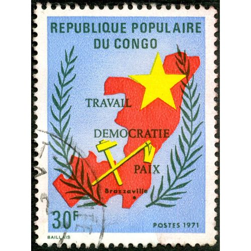 Timbre Oblitéré République Populaire Du Congo, Travail, Démocratie, Paix, Brazzaville, Postes 1971, 30 F