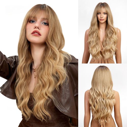 Perruque Pour Femme, Cheveux Bouclés, Brun Jaune, 68cm