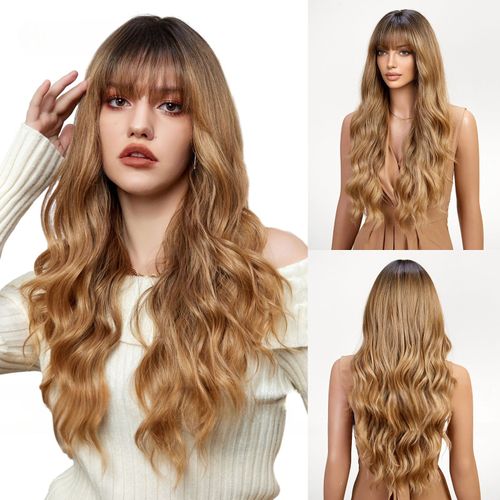 Perruque Pour Femme, Cheveux Bouclés, Dégradé Brun Doré, 68cm