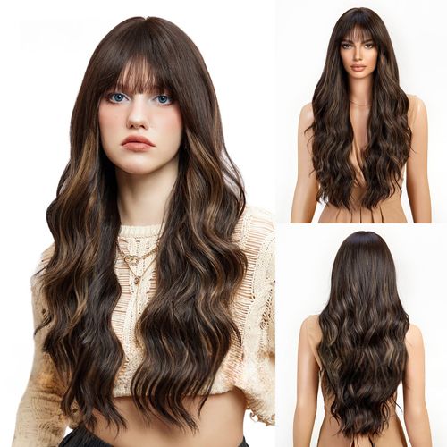 Perruque Pour Femme, Cheveux Longs Bouclés, Brun Noir, 68cm