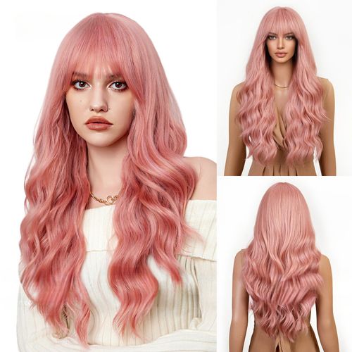 Perruque Pour Femme, Cheveux Bouclés, Rose, 68cm