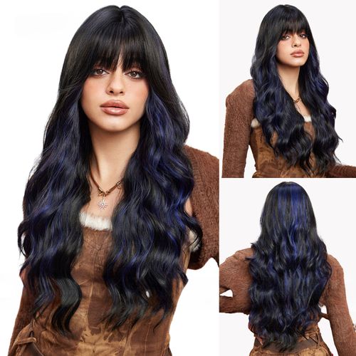 Perruque Pour Femme, Cheveux Longs Bouclés, Noir Bleu, 68cm
