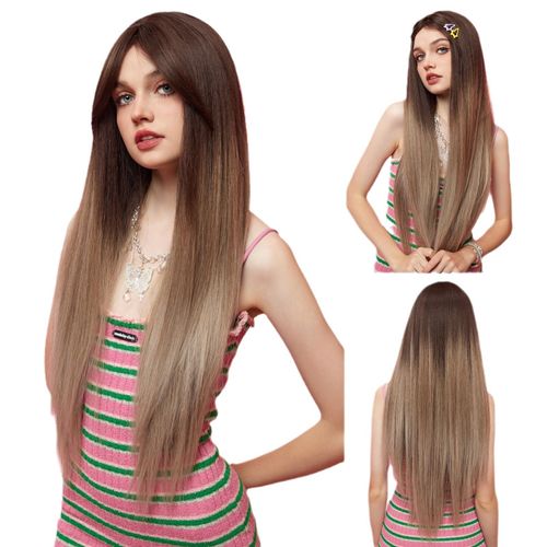 Perruque Pour Femme, Cheveux Longs Et Droits, Gris Dégradé, 28inch