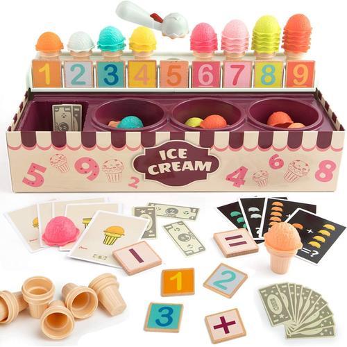 Jeu De Crème Glacée - Jeu De Rôle Éducatif Pour Enfants : Logique Et Calcul - Cornets De Glace Avec Des Cartes Mathématiques Pour Les Tout-Petits - Développement Cognitif