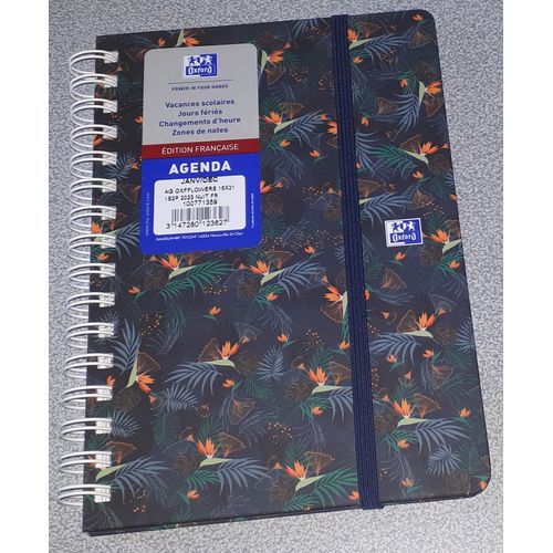 Agenda Oxford Flowers 2023 - 15x21cm - 1 Semaine Sur 2 Pages - Spiralé - Marque-Page Avec Index Repositionnables Et Réglette - Couverture Cartonnée Au Décor Imprimé Nuit