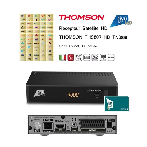 Pack Tivùsat Récepteur Satellite HD - THOMSON THS807 HD + Carte Tivùsat HD Activation Comprise - DVB-S -S2, 60 Chaînes HD Nationales Internationales