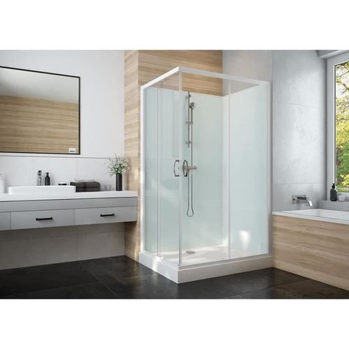 Leda - Cabine de douche 800x1000 mm porte coulissante angle verre transparent fond vert amande - IZI GLASS 2