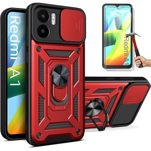 Coque Pour Redmi A1 + 2 Verres Trempés, Coque Avec Cache Caméra Et Bague Support - Rouge - E.F.Connection