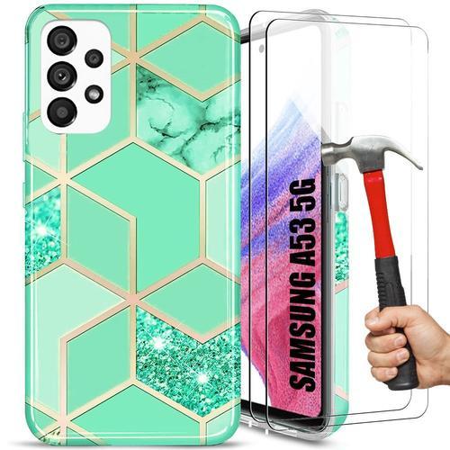 Coque + 2 Verres Trempés Pour Samsung Galaxy A53 5g, Slim Souple Motif Marbre Turquoise Antichoc - E.F.Connection