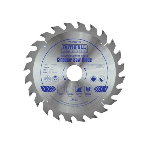 Circulaire Faithfull Lame de scie 190 x 16/20 / 30mm x 24T rapide Rip FAIZ1902430