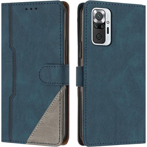 Coque Pour Xiaomi Redmi Note 10 Pro 4g, Housse En Cuir Pu Portefeuille, Etui De Protection A Rabat Magnetique Coque Pour Xiaomi Redmi Note 10 Pro 4g, Bleu