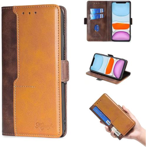 Coque Samsung Galaxy S23+(Plus),Housse Étui Cuir Portefeuille Anti-Rayures Tpu Cuir Synthétique,Magnétique Portefeuille Avec Fentes De Carte Support,Etui Housse - Marron&jaune