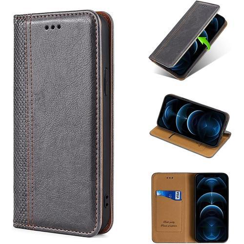 Coque Samsung Galaxy S23 Ultra Protection,Housse Étui Cuir Portefeuille Avec Fentes De Carte Support Magnétique,Téléphon Case Flip Cover,Etui Portefeuille Rabat,Anti-Choc Coque-Grise