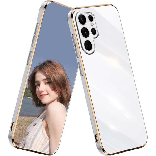 Coque Pour Samsung Galaxy S22 Ultra Étui,Antichoc Galvanoplastie Élégant Flexible Protecteur En Silicone Tpu Bumper Résistant Aux Chocs Housse Case Cover-Blanc