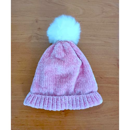 Bonnet Rose A Pompon Blanc. Laine Et Polaire. Taille 6 / 12 Mois