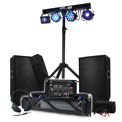 Pack Sono 1800W BM SONIC Amplificateur 1000W, Paire d'Enceintes 2x400W, Table de Mixage, Portique + 48 effets lumières EUPHORIA