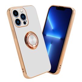 Cadorabo Housse Compatible Avec Apple Iphone 13 Pro En Glossy Blanc - Or Avec Anneau - Étui De Protection En Silicone Tpu Flexible, Avec Protection Pour Appareil Photo Et Support Voiture Magnétique