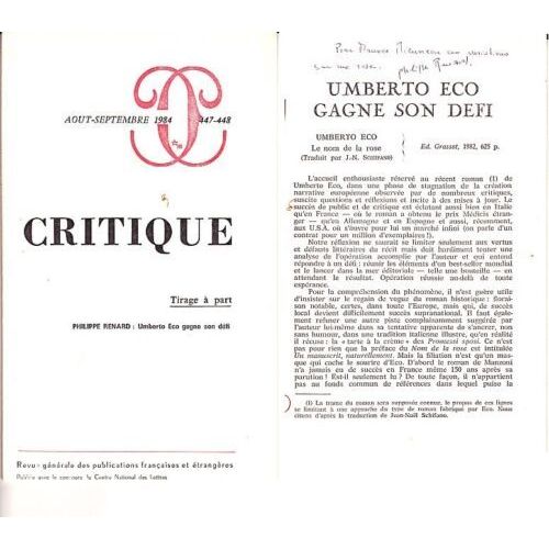 Philippe Renard Umberto Ecco Gagne Son Defi 1981 Dedicace Envoi Signed Tire A Part Italie