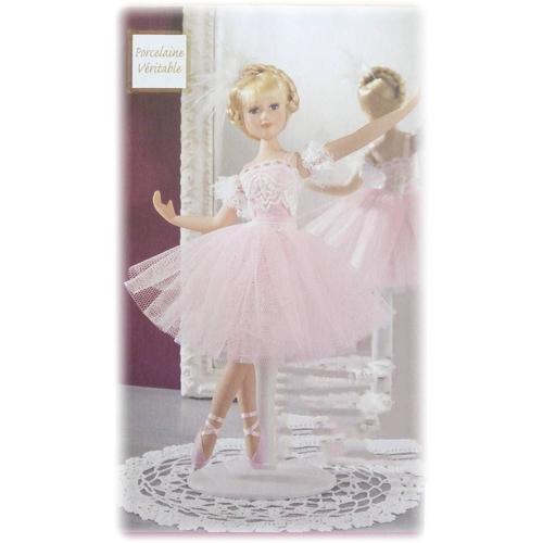 Poupée danseuse en porcelaine - 100% neuve - bras et jambes articulés - déco décorative décoration de collection sur socle ou  jeu jouet pour enfant fille - vêtement robe rose broderie tulle dentelle