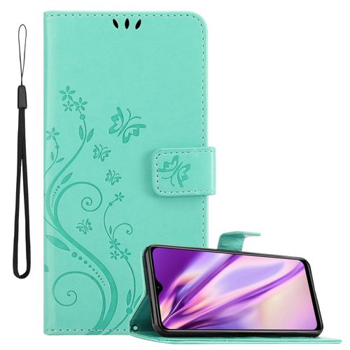 Cadorabo Housse Compatible Avec Xiaomi Redmi 9t / Poco M3 En Turquoise Floral - Étui De Protection Au Design Floral Avec Fermeture Magnétique, Fonction De Support Et Emplacements Pour Cartes