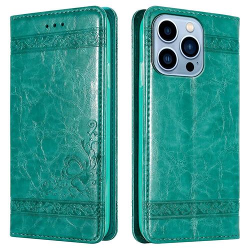 Cadorabo Housse Compatible Avec Apple Iphone 13 Pro Max En Turquoise Avec Ornements - Étui De Protection Avec Fermeture Magnétique, Fonction De Support Et Compartiment Pour Carte