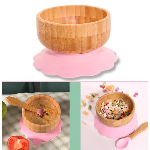 Intirilife Set De Bols En Bambou Pour Bébé Bol En Bambou Avec Ventouse Et Cuillère En Rose - Pour Manger Et Nourrir Les Bébés Et Les Jeunes Enfants