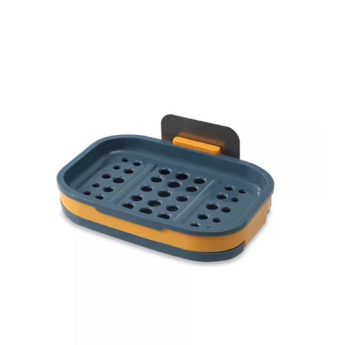 Intirilife Porte-savon 13 x 9 x 2 cm en Bleu Sombre - Porte-savon mural, avec réserve d'eau, à coller, sans perçage