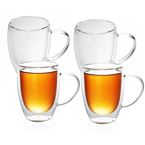 Intirilife 4x Verre Thermique À Double Paroi 300-350ml En Crystal Clair - Soufflés À La Bouche, Isolés Pour Latte Macchiato, En Tant Que Verre À Thé Ou À Café Avec Une Anse