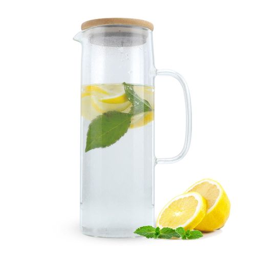 Intirilife Carafe Avec Bouchon En Clair - 1,6l Carafe D?Eau En Verre Borosilicaté Avec Poignée Et Bouchon En Bambou Résistante À La Chaleur - Boissons Chaudes Et Froides Comme Le Thé, Le Café