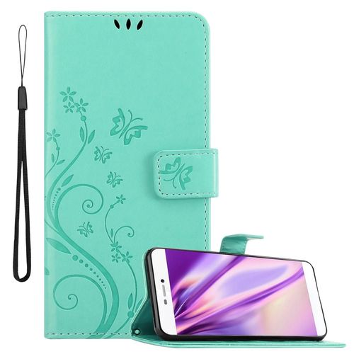 Coque Pour Huawei P8 En Turquoise Floral Housse De Protection Étui Au Design Floral Avec Fermeture Magnétique, Fonction De Support Et Emplacements Pour Cartes